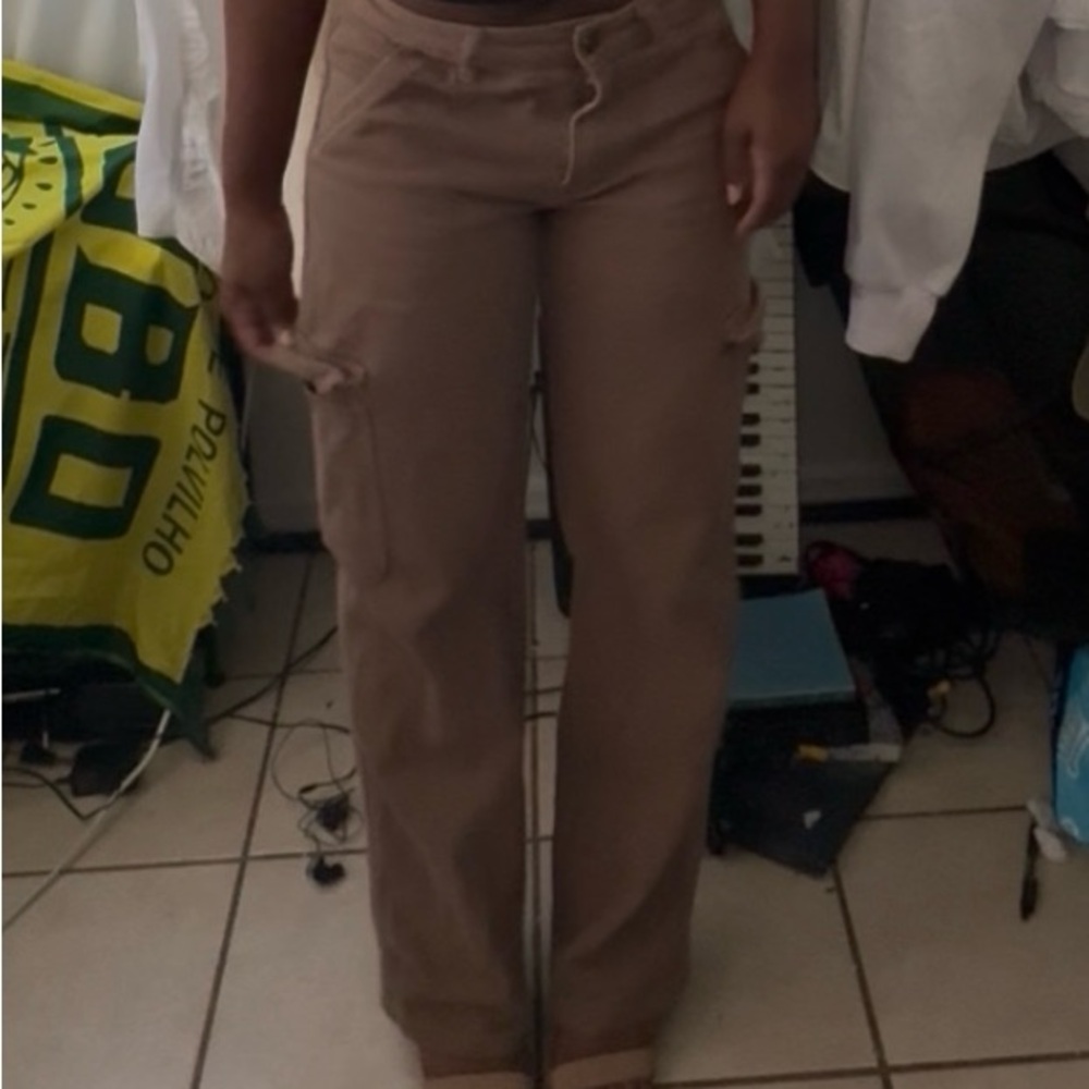 SHEIN Khaki Straight Leg Pants Casual Cotton Blend